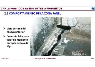 CAP. 2: PORTICOS RESISTENTES A MOMENTOS
2.5 COMPORTAMIENTO DE LA ZONA PANEL
 Vista cercana del
ensayo anterior
 Conexión falla para
valor de momento
muy por debajo de
Mp
27/02/2022 Dr. Ing. LUIS M. MORAN YAÑEZ 178
 