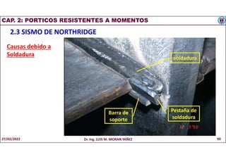 CAP. 2: PORTICOS RESISTENTES A MOMENTOS
2.3 SISMO DE NORTHRIDGE
Barra de
soporte
Pestaña de
soldadura
soldadura
Causas debido a
Soldadura
27/02/2022 Dr. Ing. LUIS M. MORAN YAÑEZ 99
 