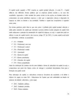 15
O capital social, segundo o POC respeita ao capital nominal subscrito. A conta 51 - Capital
utiliza-se nas diferentes formas jurídicas que as empresas podem assumir e, no caso das
sociedades, representa o valor nominal das partes sociais ou das acções; no domínio estrito dos
comerciantes em nome individual, expressa o valor que o empresário colocou à disposição da
empresa no início ou durante a sua actividade. Também o capital das cooperativas é registado
nesta conta.
Em termos genéricos pode dizer-se que esta conta é creditada pelo capital nominal, subscrito e
ainda pelos aumentos de capital que entretanto ocorram; debita-se pelas reduções de capital. Está
ainda subjacente o princípio da manutenção do capital da empresa, ou seja, o capital não pode ser
inferior à soma do capital social e das reservas (artigo 32º do CSC). A conta capital social pode
ser subdividida conforme as sociedades:
 511 – Ordinário
 512 – Preferencial sem voto
 513 – Preferencial remível
 514 – Preferencial remido
 515 – Amortizado
 516 – Quotas de capital
 517 - Quotas amortizadas
 518 – (Entradas de) capital
 519 – Partes comanditadas
Antes da celebração do contrato tem de estar definida a forma de subscrição do capital, ou seja, o
compromisso por parte dos futuros sócios de entregar à sociedade determinados bens para a
formação do capital social.
Pela subscrição de capital, os subscritores tornam-se devedores da sociedade e tal débito é
objecto de registo na conta 264 - Subscritores de Capital, que está subdividida em função da
natureza da entidade subscritora, como segue:
 2641 - Entidades públicas.
 2642 - Entidades privadas.
 2649 - Outras entidades.
 