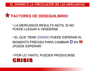 EL DINERO O LA CIRCULACIÓN DE LAS MERCANCÍAS FACTORES DE DESEQUILIBRIO: LA MERCANCÍA RESULTA INÚTIL SI NO PUEDE LLEGAR A VENDERSE EL QUE TIENE  DINERO  PUEDE ESPERAR EL MOMENTO PRECISO PARA CAMBIAR  D  EN  M : ¡PUEDE ESPERAR! POR LO TANTO, PUEDEN PRODUCIRSE  CRISIS 