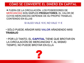 CÓMO SE CONVIERTE EL DINERO EN CAPITAL FUERA DE LA CIRCULACIÓN, LOS POSEEDORES DE  MERCANCÍAS  SON SIMPLES  PRODUCTORES , EL VALOR DE CUYAS MERCANCÍAS DEPENDE DE SU PROPIO TRABAJO, CONTENIDO EN ELLAS SI ALGO VALE 10 €, NO VALE 11 € SÓLO PUEDE AÑADIR MÁS  VALOR  AÑADIENDO MÁS  TRABAJO POR LO TANTO, EL  CAPITAL  TIENE QUE BROTAR EN LA CIRCULACIÓN DE MERCANCÍAS Y, AL MISMO TIEMPO, NO PUEDE BROTAR EN ELLA ? 