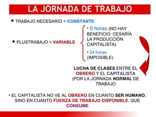 LA JORNADA DE TRABAJO TRABAJO NECESARIO =  CONSTANTE 0 horas   (NO HAY BENEFICIO: CESARÍA LA PRODUCCIÓN CAPITALISTA) 24 horas  (IMPOSIBLE) LUCHA DE CLASES  ENTRE EL  OBRERO  Y EL  CAPITALISTA  (POR LA JORNADA  NORMAL  DE TRABAJO PLUSTRABAJO =  VARIABLE EL CAPITALISTA NO VE AL  OBRERO  EN CUANTO  SER HUMANO , SINO EN CUANTO  FUERZA DE TRABAJO DISPONIBLE , QUE  CONSUME 