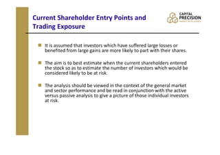 Current Shareholder Entry Points and
Trading Exposure

   It is assumed that investors which have suffered large losses or
   benefited from large gains are more likely to part with their shares.

   The aim is to best estimate when the current shareholders entered
   the stock so as to estimate the number of investors which would be
   considered likely to be at risk.

   The analysis should be viewed in the context of the general market
   and sector performance and be read in conjunction with the active
   versus passive analysis to give a picture of those individual investors
   at risk.
 