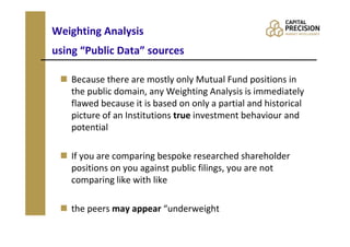 Weighting Analysis
using “Public Data” sources

   Because there are mostly only Mutual Fund positions in
   the public domain, any Weighting Analysis is immediately
   flawed because it is based on only a partial and historical
   picture of an Institutions true investment behaviour and
   potential

   If you are comparing bespoke researched shareholder
   positions on you against public filings, you are not
   comparing like with like

   the peers may appear “underweight
 