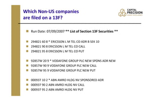 Which Non-US companies
are filed on a 13F?

   Run Date: 07/09/2007 ** List of Section 13F Securities **

   294821 60 8 * ERICSSON L M TEL CO ADR B SEK 10
   294821 90 8 ERICSSON L M TEL CO CALL
   294821 95 8 ERICSSON L M TEL CO PUT

   92857W 20 9 * VODAFONE GROUP PLC NEW SPONS ADR NEW
   92857W 90 9 VODAFONE GROUP PLC NEW CALL
   92857W 95 9 VODAFONE GROUP PLC NEW PUT

   000937 10 2 * ABN AMRO HLDG NV SPONSORED ADR
   000937 90 2 ABN AMRO HLDG NV CALL
   000937 95 2 ABN AMRO HLDG NV PUT
 