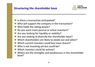 Structuring the shareholder base


  Is there a transaction anticipated?
  Who will support the company in the transaction?
  Who holds the voting power?
  Do you want more passive or active investors?
  Are you looking for liquidity or stability?
  Are you looking to diversify the shareholder base?
  Which shareholders are likely to rotate out and when?
  Which current investors could buy more shares?
  Who is not investing yet but could be?
  Which investors could be activist?
  Where are the strengths and weaknesses in the shareholder
  base?

                            9
 