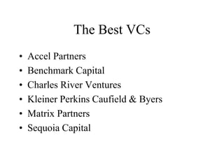 The Best VCs
• Accel Partners
• Benchmark Capital
• Charles River Ventures
• Kleiner Perkins Caufield & Byers
• Matrix Partners
• Sequoia Capital
 