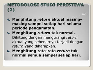 METODOLOGI STUDI PERISTIWAMETODOLOGI STUDI PERISTIWA
(2)(2)
4. Menghitung return aktual masing-
masing sampel setiap hari selama
periode pengamatan.
5. Menghitung return tak normal.
Dihitung dengan mengurangi return
aktual yang sebenarnya terjadi dengan
return yang diharapkan.
6. Menghitung rata-rata return tak
normal semua sampel setiap hari.
38/42
 