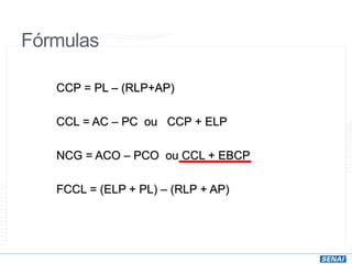 Fórmulas
CCP = PL – (RLP+AP)
CCL = AC – PC ou CCP + ELP
NCG = ACO – PCO ou CCL + EBCP
FCCL = (ELP + PL) – (RLP + AP)
 