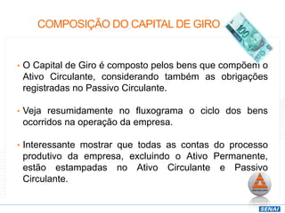 COMPOSIÇÃO DO CAPITAL DE GIRO
• O Capital de Giro é composto pelos bens que compõem o
Ativo Circulante, considerando também as obrigações
registradas no Passivo Circulante.
• Veja resumidamente no fluxograma o ciclo dos bens
ocorridos na operação da empresa.
• Interessante mostrar que todas as contas do processo
produtivo da empresa, excluindo o Ativo Permanente,
estão estampadas no Ativo Circulante e Passivo
Circulante.
 