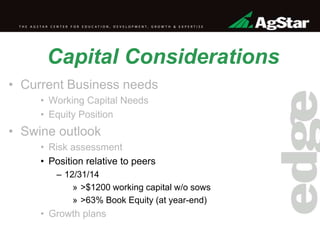 Capital Considerations
• Current Business needs
• Working Capital Needs
• Equity Position
• Swine outlook
• Risk assessment
• Position relative to peers
– 12/31/14
» >$1200 working capital w/o sows
» >63% Book Equity (at year-end)
• Growth plans
 
