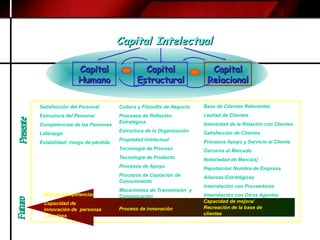 Futuro Presente Satisfacción del Personal Estructura del Personal Competencias de las Personas Liderazgo Estabilidad: riesgo de pérdida Cultura y Filosofía de Negocio Procesos de Reflexión Estratégica Estructura de la Organización Propiedad Intelectual Tecnología de Proceso Tecnología de Producto Procesos de Apoyo Procesos de Captación de Conocimiento  Mecanismos de Transmisión  y Comunicación Tecnología de la Información Base de Clientes Relevantes Lealtad de Clientes Intensidad de la Relación con Clientes Satisfacción de Clientes Procesos Apoyo y Servicio al Cliente Cercanía al Mercado Notoriedad de Marca(s) Reputación/ Nombre de Empresa Alianzas Estratégicas Interrelación con Proveedores Interrelación con Otros Agentes Mejora Competencias Capacidad de innovación de  personas y equipos Capacidad de mejora/ Recreación de la base de clientes Proceso de innovación Capital Intelectual Capital Humano Capital Relacional Capital Estructural 
