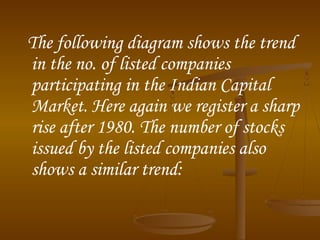 The following diagram shows the trend
in the no. of listed companies
participating in the Indian Capital
Market. Here again we register a sharp
rise after 1980. The number of stocks
issued by the listed companies also
shows a similar trend:

 