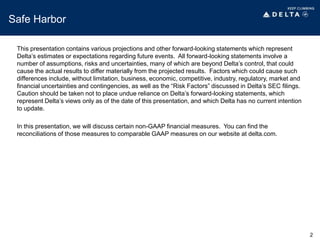 This presentation contains various projections and other forward-looking statements which represent
Delta’s estimates or expectations regarding future events. All forward-looking statements involve a
number of assumptions, risks and uncertainties, many of which are beyond Delta’s control, that could
cause the actual results to differ materially from the projected results. Factors which could cause such
differences include, without limitation, business, economic, competitive, industry, regulatory, market and
financial uncertainties and contingencies, as well as the “Risk Factors” discussed in Delta’s SEC filings.
Caution should be taken not to place undue reliance on Delta’s forward-looking statements, which
represent Delta’s views only as of the date of this presentation, and which Delta has no current intention
to update.
In this presentation, we will discuss certain non-GAAP financial measures. You can find the
reconciliations of those measures to comparable GAAP measures on our website at delta.com.
Safe Harbor
2
 