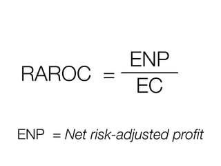 ENP
RAROC =
         EC

ENP = Net risk-adjusted proﬁt
 