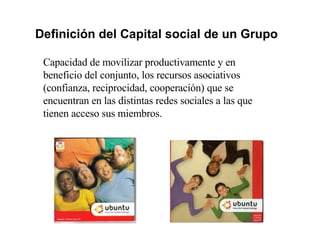 Definición del Capital social de un Grupo Capacidad de movilizar productivamente y en beneficio del conjunto, los recursos asociativos (confianza, reciprocidad, cooperación) que se encuentran en las distintas redes sociales a las que tienen acceso sus miembros. 