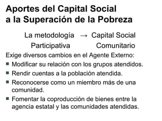 Aportes del Capital Social a la Superación de la Pobreza La metodología  ->  Capital Social  Participativa  Comunitario Exige diversos cambios en el Agente Externo: Modificar su relación con los grupos atendidos. Rendir cuentas a la población atendida. Reconocerse como un miembro más de una comunidad. Fomentar la coproducción de bienes entre la agencia estatal y las comunidades atendidas. 