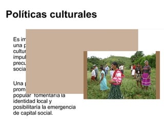Políticas culturales Es importante establecer una plataforma de políticas culturales y desde ella impulsar experiencias precursoras de capital social. Una política consciente de promoción de la cultura popular  fomentaría la identidad local y posibilitaría la emergencia de capital social.  