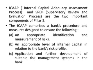 • ICAAP ( Internal Capital Adequacy Assessment
Process) and SREP (Supervisory Review and
Evaluation Process) are the two important
components of Pillar 2.
• The ICAAP comprises a bank’s procedure and
measures designed to ensure the following :-
(a) An appropriate identification and
measurement of risks.
(b) An appropriate level of internal capital in
relation to the bank’s risk profile.
(c) Application and further development of
suitable risk management systems in the
bank.
 