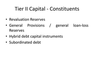 Tier II Capital - Constituents
• Revaluation Reserves
• General Provisions / general loan-loss
Reserves
• Hybrid debt capital instruments
• Subordinated debt
 