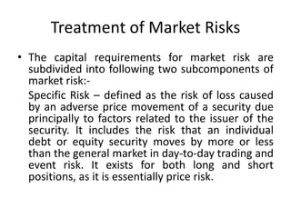 Treatment of Market Risks
• The capital requirements for market risk are
subdivided into following two subcomponents of
market risk:-
Specific Risk – defined as the risk of loss caused
by an adverse price movement of a security due
principally to factors related to the issuer of the
security. It includes the risk that an individual
debt or equity security moves by more or less
than the general market in day-to-day trading and
event risk. It exists for both long and short
positions, as it is essentially price risk.
 