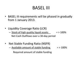 BASEL III
• BASEL III requirements will be phased in gradually
from 1 January 2013.
• Liquidity Coverage Ratio (LCR)
– Stock of high quality liquid assets = > 100%
Net Cash Outflows over a 30-day period
• Net Stable Funding Ratio (NSFR)
– Available amount of stable funding = > 100%
Required amount of stable funding
 