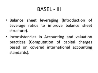 BASEL - III
• Balance sheet leveraging (Introduction of
Leverage ratios to improve balance sheet
structure).
• Inconsistencies in Accounting and valuation
practices (Computation of capital charges
based on covered international accounting
standards).
 