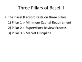 Three Pillars of Basel II
• The Basel II accord rests on three pillars :
1) Pillar 1 :- Minimum Capital Requirement
2) Pillar 2 :- Supervisory Review Process
3) Pillar 3 :- Market Discipline
 