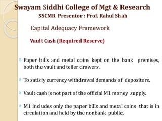 Vault Cash (Required Reserve)
Paper bills and metal coins kept on the bank premises,
both the vault and teller drawers.
To satisfy currency withdrawal demands of depositors.
Vault cash is not part of the official M1 money supply.
M1 includes only the paper bills and metal coins that is in
circulation and held by the nonbank public.
Swayam Siddhi College of Mgt & Research
SSCMR Presentor : Prof. Rahul Shah
Capital Adequacy Framework
 