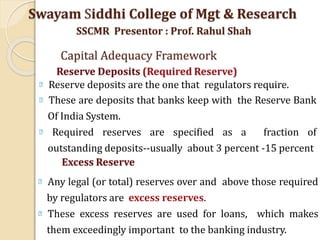 Reserve deposits are the one that regulators require.
These are deposits that banks keep with the Reserve Bank
Of India System.
Required reserves are specified as a fraction of
outstanding deposits--usually about 3 percent -15 percent
Swayam Siddhi College of Mgt & Research
SSCMR Presentor : Prof. Rahul Shah
Capital Adequacy Framework
Reserve Deposits (Required Reserve)
Excess Reserve
Any legal (or total) reserves over and above those required
by regulators are excess reserves.
These excess reserves are used for loans, which makes
them exceedingly important to the banking industry.
 
