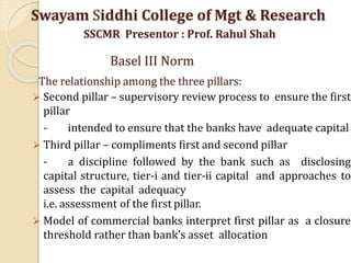 The relationship among the three pillars:
 Second pillar – supervisory review process to ensure the first
pillar
- intended to ensure that the banks have adequate capital
 Third pillar – compliments first and second pillar
- a discipline followed by the bank such as disclosing
capital structure, tier-i and tier-ii capital and approaches to
assess the capital adequacy
i.e. assessment of the first pillar.
 Model of commercial banks interpret first pillar as a closure
threshold rather than bank’s asset allocation
Swayam Siddhi College of Mgt & Research
SSCMR Presentor : Prof. Rahul Shah
Basel III Norm
 