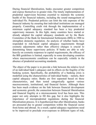 $3,7$/ $'(48$                   67$1'$5'6            $5(      7+(
68)),,(17

,QWURGXFWLRQ

'XULQJ WKH ODVW WZR GHFDGHV PDQ FRXQWULHV KDYHOLEHUDOLVHG WKHLU
ILQDQFLDO PDUNHWV 7KH KDYH DWWHPSWHG WR HOLPLQDWH JRYHUQPHQW
LQWHUYHQWLRQ LQ VHWWLQJ LQWHUHVW UDWH FHLOLQJV HUHFWLQJ HQWU EDUULHUV
LQWHUIHULQJLQFUHGLWDOORFDWLRQGHFLVLRQVDQGKDYHEHJXQWRSULYDWLVH
WKHLU ILQDQFLDO LQVWLWXWLRQV ),V 