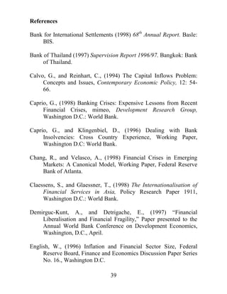 5HVHDUFK0HWKRGRORJDQG'DWD

KRLFHRIYDULDEOHV

7KHFKRLFHRIPDFURHFRQRPLFILQDQFLDODQGLQVWLWXWLRQDOH[SODQDWRU
YDULDEOHVZDVEDVHGRQWKHWKHRUXQGHUOLQJSUHYLRXVH[SODQDWLRQVDV
ZHOO DV GDWD DYDLODELOLW )RU WKH ILQDQFLDO HIIHFWV WKH UDWLR RI 0 WR
IRUHLJQH[FKDQJHUHVHUYHVWKHUDWLRRIEDQNFDVKDQGUHVHUYHVWREDQN
DVVHWVDQGODJJHGYDULDWLRQVRIFUHGLWWR*'3UDWLRV7KH0)25(;
YDULDEOH WHVWV WKH VHQVLWLYLW RI WKH SUREDELOLW RI EDQNLQJ FULVHV WR
VXGGHQ FDSLWDO RXWIORZV FDXVHG E VXGGHQ H[FKDQJH UDWH YDULDWLRQV
7KLVUDWLRLVNQRZQDVDJRRGSUHGLFWRURIDFRXQWU¶VYXOQHUDELOLWWR
EDODQFH RI SDPHQW FULVHV DOYR  