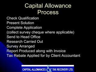 Capital Allowance Process Check Qualification Present Solution Complete Application (collect survey cheque where applicable) Send to Head Office Research Carried Out Survey Arranged Report Produced along with Invoice Tax Rebate Applied for by Client Accountant 