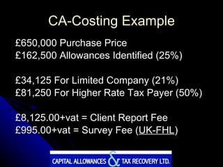 CA-Costing Example £650,000 Purchase Price  £162,500 Allowances Identified (25%) £34,125 For Limited Company (21%) £81,250 For Higher Rate Tax Payer (50%) £8,125.00+vat = Client Report Fee £995.00+vat = Survey Fee ( UK-FHL ) 