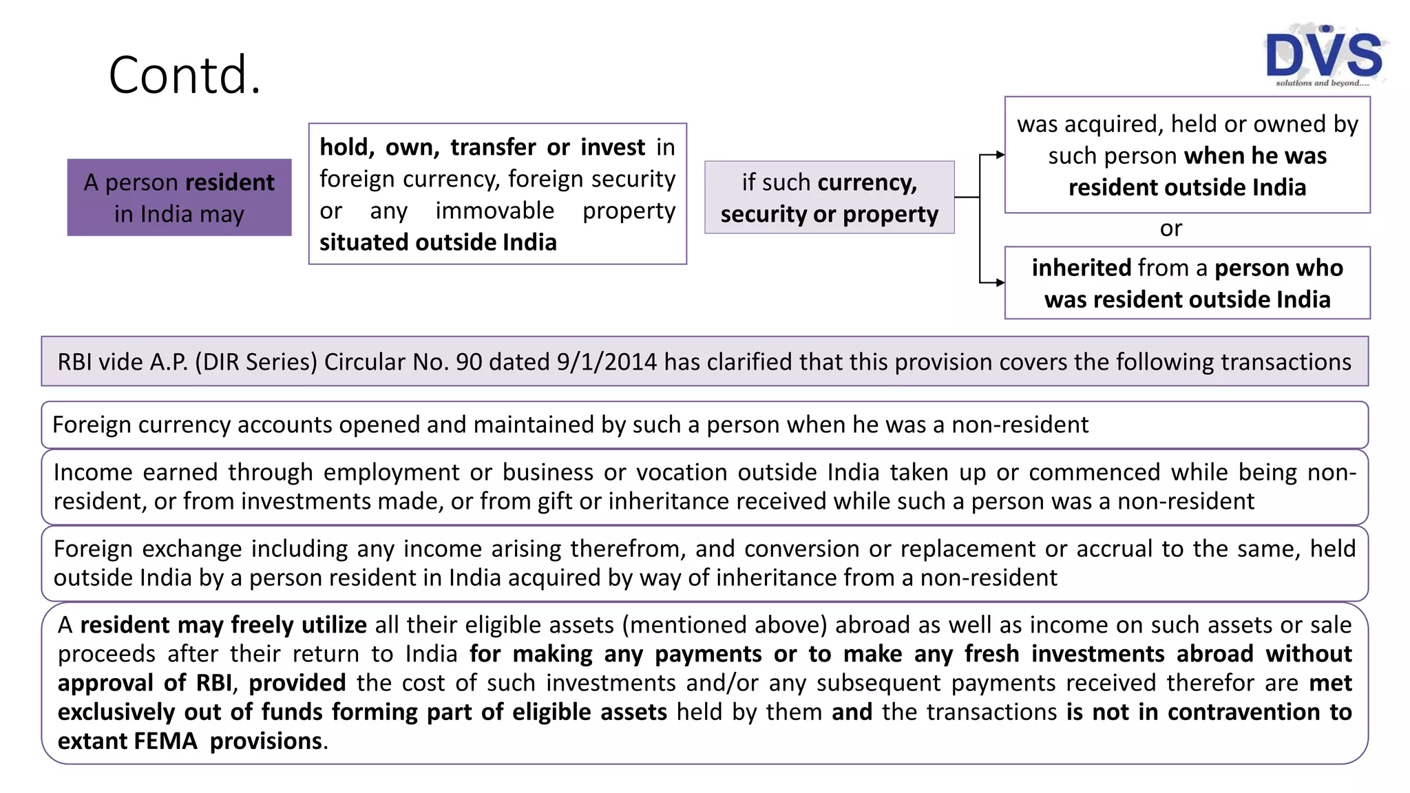 Contd.
hold, own, transfer or invest in
foreign currency, foreign security
or any immovable property
situated outside India
A person resident
in India may
if such currency,
security or property
was acquired, held or owned by
such person when he was
resident outside India
inherited from a person who
was resident outside India
or
RBI vide A.P. (DIR Series) Circular No. 90 dated 9/1/2014 has clarified that this provision covers the following transactions
Foreign currency accounts opened and maintained by such a person when he was a non-resident
Income earned through employment or business or vocation outside India taken up or commenced while being non-
resident, or from investments made, or from gift or inheritance received while such a person was a non-resident
Foreign exchange including any income arising therefrom, and conversion or replacement or accrual to the same, held
outside India by a person resident in India acquired by way of inheritance from a non-resident
A resident may freely utilize all their eligible assets (mentioned above) abroad as well as income on such assets or sale
proceeds after their return to India for making any payments or to make any fresh investments abroad without
approval of RBI, provided the cost of such investments and/or any subsequent payments received therefor are met
exclusively out of funds forming part of eligible assets held by them and the transactions is not in contravention to
extant FEMA provisions.
 