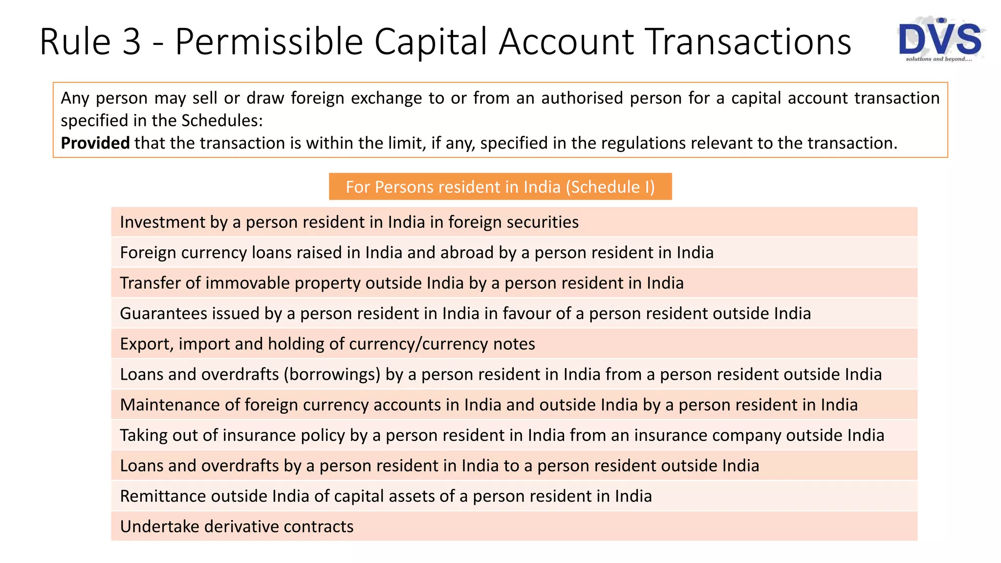 Rule 3 - Permissible Capital Account Transactions
For Persons resident in India (Schedule I)
Investment by a person resident in India in foreign securities
Foreign currency loans raised in India and abroad by a person resident in India
Transfer of immovable property outside India by a person resident in India
Guarantees issued by a person resident in India in favour of a person resident outside India
Export, import and holding of currency/currency notes
Loans and overdrafts (borrowings) by a person resident in India from a person resident outside India
Maintenance of foreign currency accounts in India and outside India by a person resident in India
Taking out of insurance policy by a person resident in India from an insurance company outside India
Loans and overdrafts by a person resident in India to a person resident outside India
Remittance outside India of capital assets of a person resident in India
Undertake derivative contracts
Any person may sell or draw foreign exchange to or from an authorised person for a capital account transaction
specified in the Schedules:
Provided that the transaction is within the limit, if any, specified in the regulations relevant to the transaction.
 