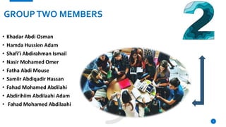 GROUPTWO MEMBERS
• Khadar Abdi Osman
• Hamda Hussien Adam
• Shafi’i Abdirahman Ismail
• Nasir Mohamed Omer
• Fatha Abdi Mouse
• Samiir Abdiqadir Hassan
• Fahad Mohamed Abdilahi
• Abdirihiim Abdilaahi Adam
• Fahad Mohamed Abdilaahi
4
 