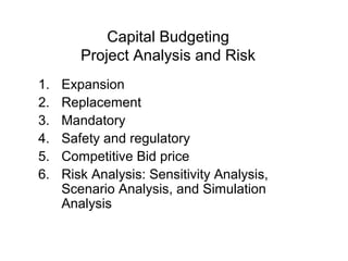 Capital Budgeting
        Project Analysis and Risk
1.   Expansion
2.   Replacement
3.   Mandatory
4.   Safety and regulatory
5.   Competitive Bid price
6.   Risk Analysis: Sensitivity Analysis,
     Scenario Analysis, and Simulation
     Analysis
 