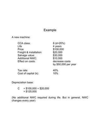 Example
A new machine:
CCA class: 8 (d=20%)
Life 4 years
Price $100,000
Freight & installation: $20,000
Salvage value: $30,000
Additional NWC: $10,000
Effect on costs: decrease costs
by $50,000 per year
Tax rate: 40%
Cost of capital (k): 10%
Depreciation base:
C = $100,000 + $20,000
= $120,000
(No additional NWC required during life. But in general, NWC
changes every year)
 