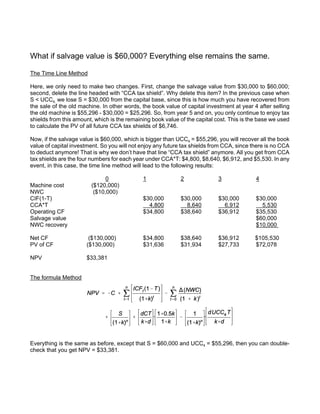 What if salvage value is $60,000? Everything else remains the same.
The Time Line Method
Here, we only need to make two changes. First, change the salvage value from $30,000 to $60,000;
second, delete the line headed with “CCA tax shield”. Why delete this item? In the previous case when
S < UCC4, we lose S = $30,000 from the capital base, since this is how much you have recovered from
the sale of the old machine. In other words, the book value of capital investment at year 4 after selling
the old machine is $55,296 - $30,000 = $25,296. So, from year 5 and on, you only continue to enjoy tax
shields from this amount, which is the remaining book value of the capital cost. This is the base we used
to calculate the PV of all future CCA tax shields of $6,746.
Now, if the salvage value is $60,000, which is bigger than UCC4 = $55,296, you will recover all the book
value of capital investment. So you will not enjoy any future tax shields from CCA, since there is no CCA
to deduct anymore! That is why we don’t have that line “CCA tax shield” anymore. All you get from CCA
tax shields are the four numbers for each year under CCA*T: $4,800, $8,640, $6,912, and $5,530. In any
event, in this case, the time line method will lead to the following results:
0 1 2 3 4
Machine cost ($120,000)
NWC ($10,000)
CIF(1-T) $30,000 $30,000 $30,000 $30,000
CCA*T 4,800 8,640 6,912 5,530
Operating CF $34,800 $38,640 $36,912 $35,530
Salvage value $60,000
NWC recovery $10,000
Net CF ($130,000) $34,800 $38,640 $36,912 $105,530
PV of CF ($130,000) $31,636 $31,934 $27,733 $72,078
NPV $33,381
The formula Method
Everything is the same as before, except that S = $60,000 and UCC4 = $55,296, then you can double-
check that you get NPV = $33,381.
 