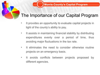 Morris County’s Capital Program



The Importance of our Capital Program
•   It provides an opportunity to evaluate capita...