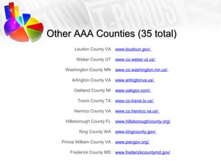 Other AAA Counties (35 total)
         Loudon County VA     www.loudoun.gov/

          Weber County UT     www.co.weber.u...