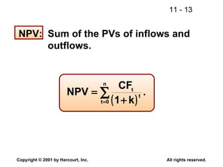 NPV: Sum of the PVs of inflows and outflows. 