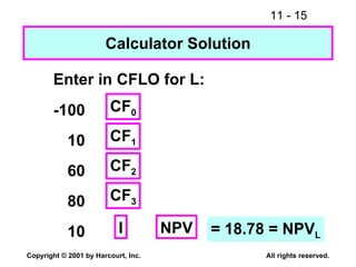 Calculator Solution Enter in CFLO for L: -100 10 60 80 10 CF 0 CF 1 NPV CF 2 CF 3 I = 18.78 = NPV L 