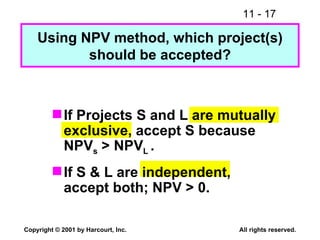 Using NPV method, which project(s) should be accepted? If Projects S and L are mutually exclusive, accept S because NPV s  > NPV L  . If S & L are independent, accept both; NPV > 0. 