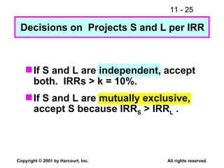 Decisions on  Projects S and L per IRR If S and L are independent, accept both.  IRRs > k = 10%. If S and L are mutually exclusive, accept S because IRR S  > IRR L  . 