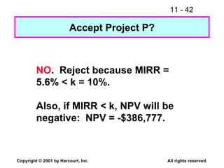 Accept Project P? NO .  Reject because MIRR = 5.6% < k = 10%. Also, if MIRR < k, NPV will be negative:  NPV = -$386,777. 