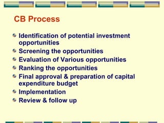 CB Process Identification of potential investment opportunities Screening the opportunities  Evaluation of Various opportunities Ranking the opportunities Final approval & preparation of capital expenditure budget Implementation Review & follow up 