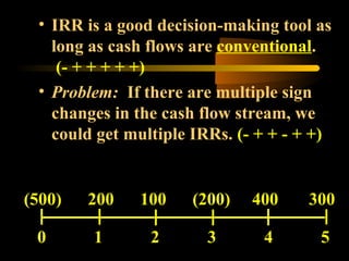 • IRR is a good decision-making tool as
   long as cash flows are conventional.
    (- + + + + +)
 • Problem: If there are multiple sign
   changes in the cash flow stream, we
   could get multiple IRRs. (- + + - + +)


(500)   200   100     (200)   400    300

 0      1       2       3      4       5
 